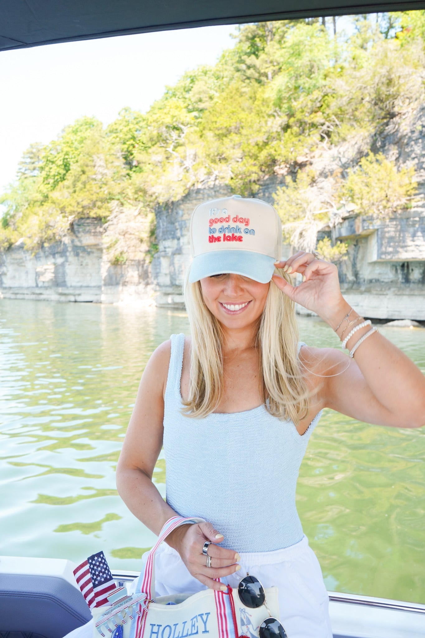 Good Day to Drink on the Lake - Baby Blue Corduroy Hat by KenzKustomz — product view 5