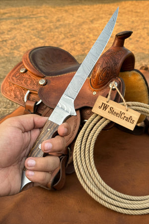 Handmade 13 Inch Overall Damascus Steel Fillet Knife – Full Tang Fishing Knife with Hardwood Handle and Leather Sheath.