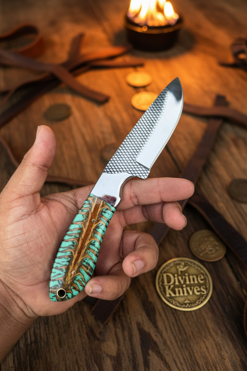 Emerald Pinecone Ranch Skinner Knife with Carved Wood Handle detail view by Divine Knives