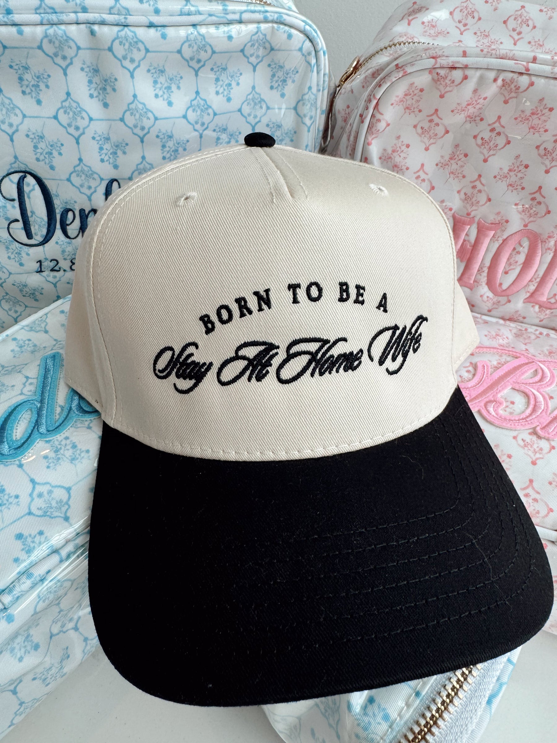Born To Be A Stay At Home Wife - Black Vintage Trucker Hat detail view by KenzKustomz
