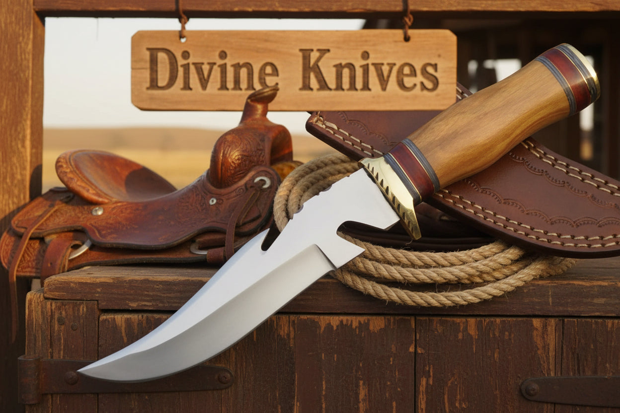Brass Guard Damascus Gut Hook Knife with Multi Ring Wood Handle by Divine Knives