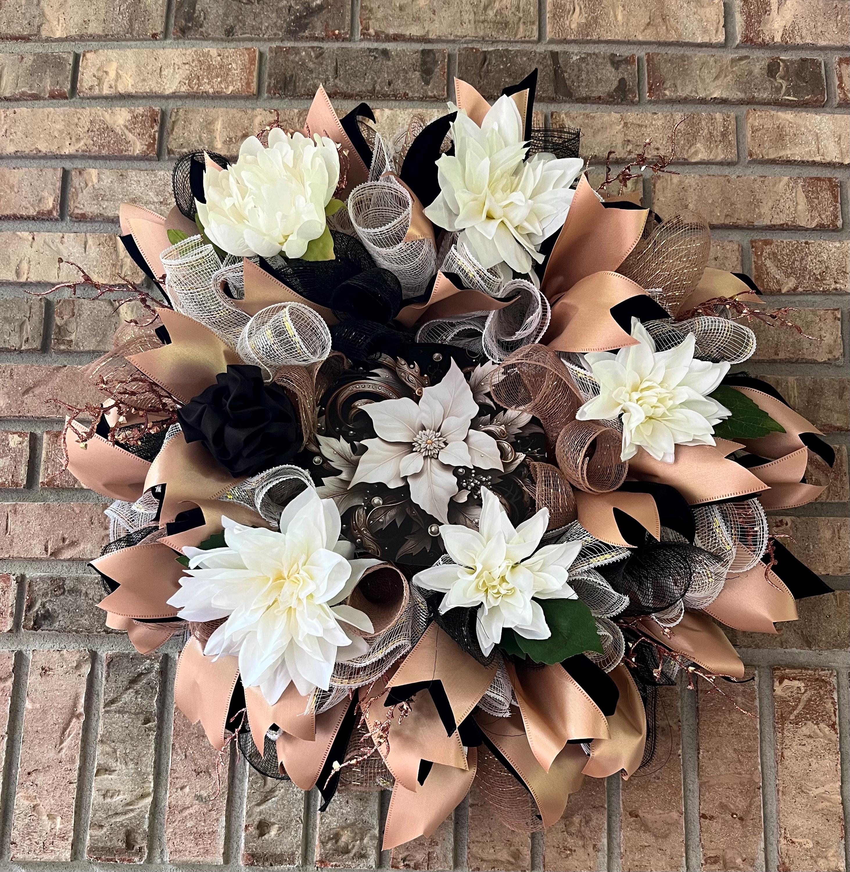 Black & Champagne Dahlia Wreath | Glam Front Door Decor handmade by Bouge Creations
