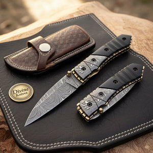 Buffalo Horn Damascus Drop Point Folder with Natural Horn Scales