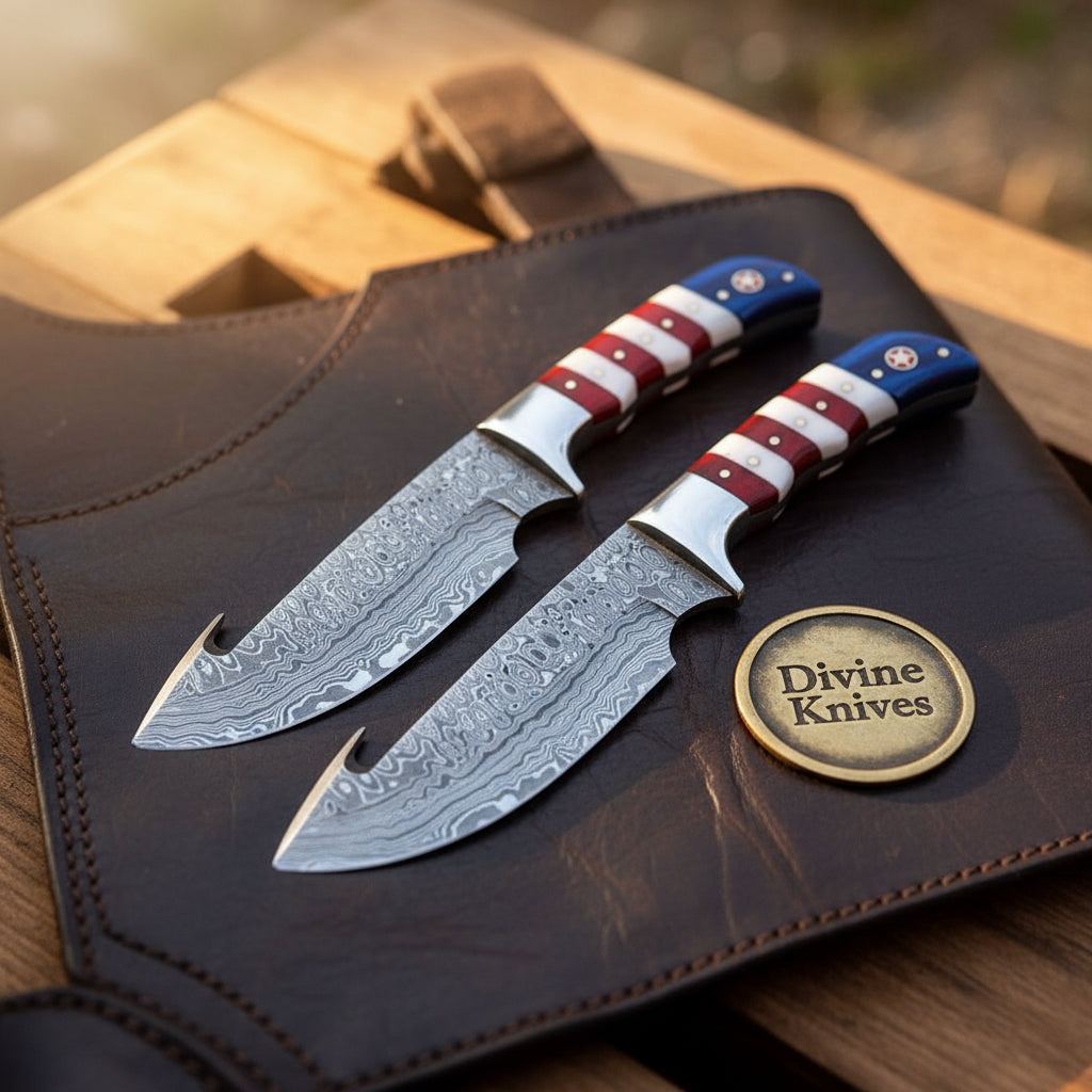 American Flag Gut Hook Hunting Knife with by Divine Knives
