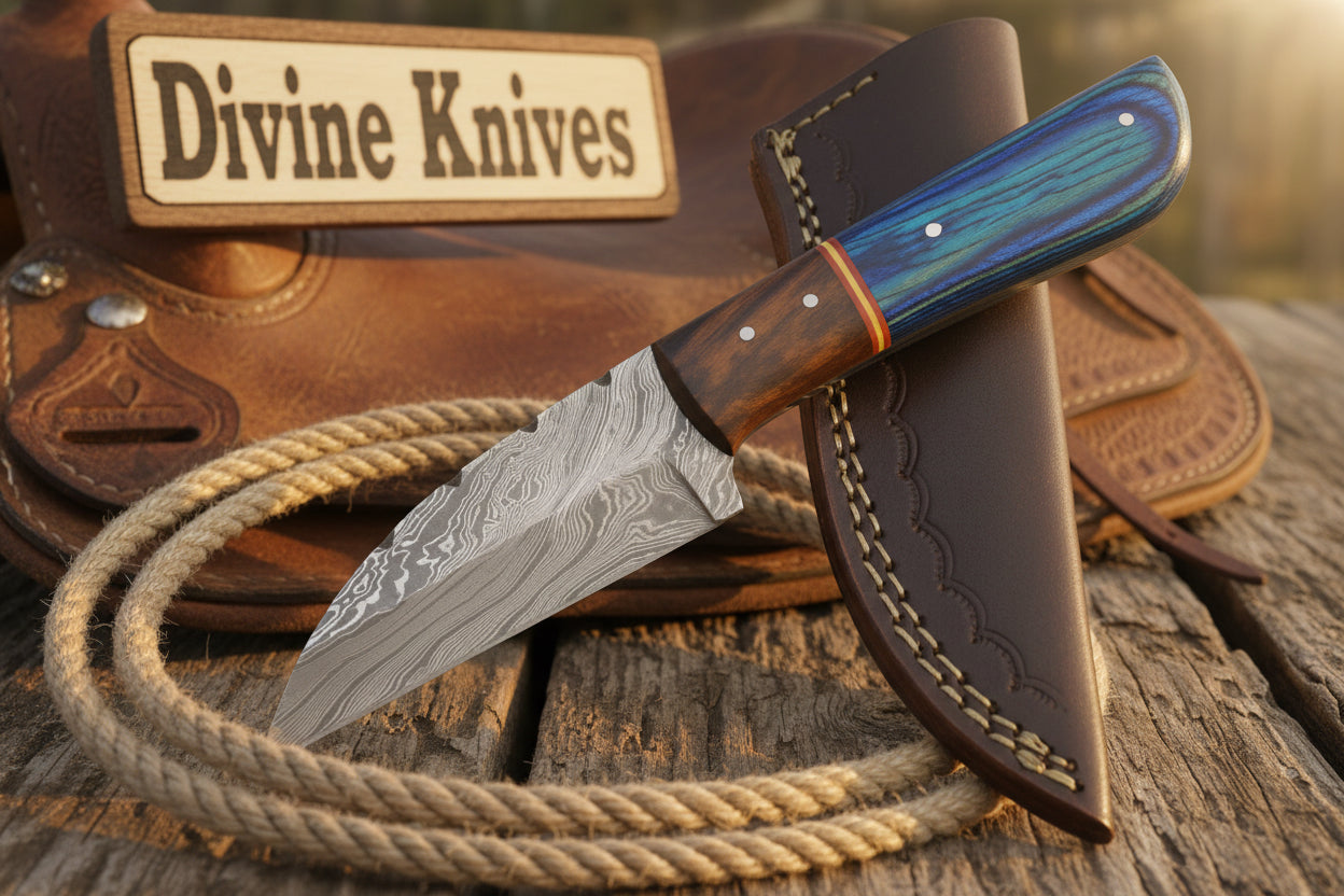 Blue Pakka Wood Damascus Knife with Contrasting Dark Wood Spacer by Divine Knives