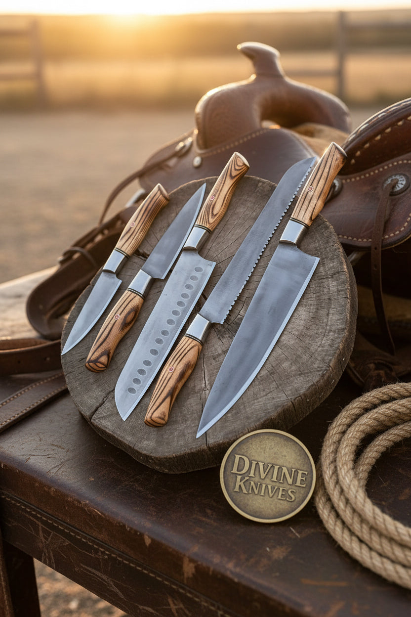 Pakka Wood Handle Chef & Santoku Knife Set – 5 Pieces by Divine Knives