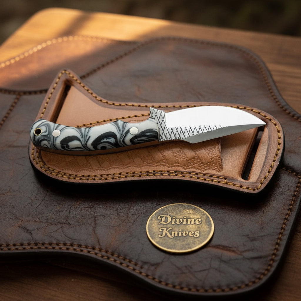 White Marble Resin Rasp Skinner Knife with product detail, view 3