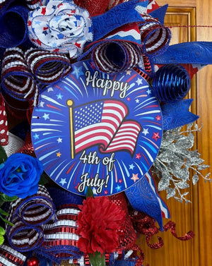 Patriotic Front Door Wreath | Red, White & Blue Deco Mesh by Bouge Creations, view 2