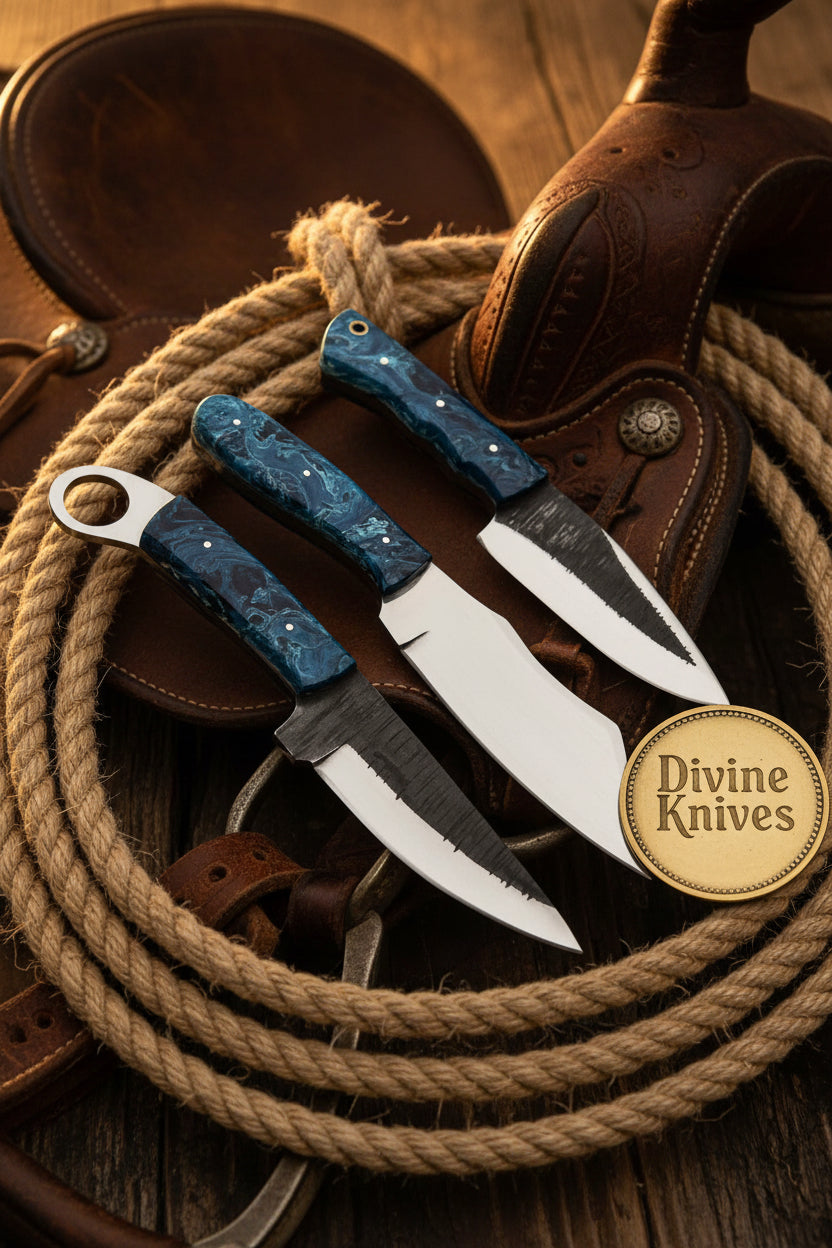 Blue Swirl Resin Damascus Hunting Knife Trio with Saw-Back Blade by Divine Knives