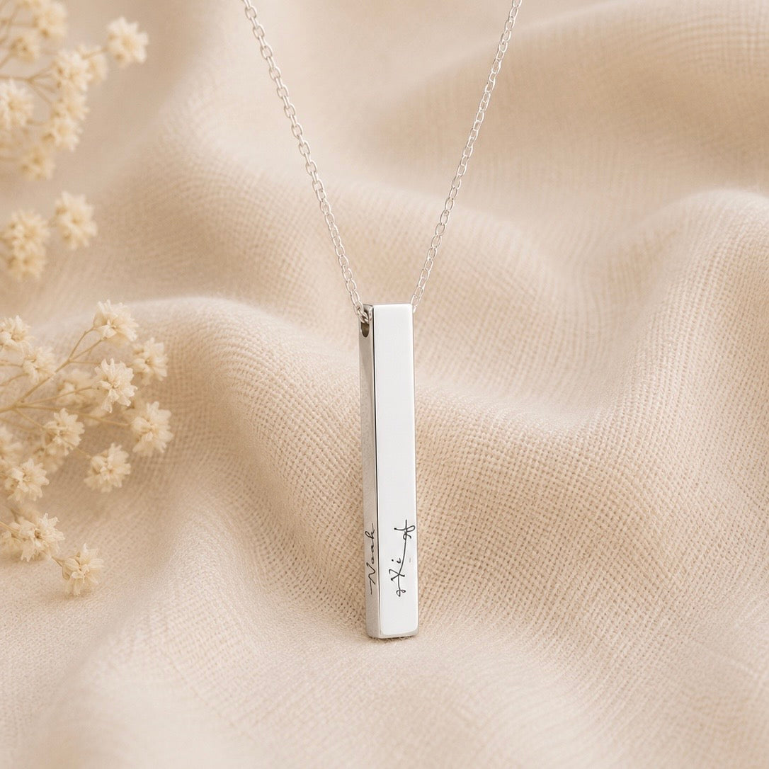 Custom Handwriting Bar Necklace by Poor Hog Customs, handmade jewelry detail photo 2