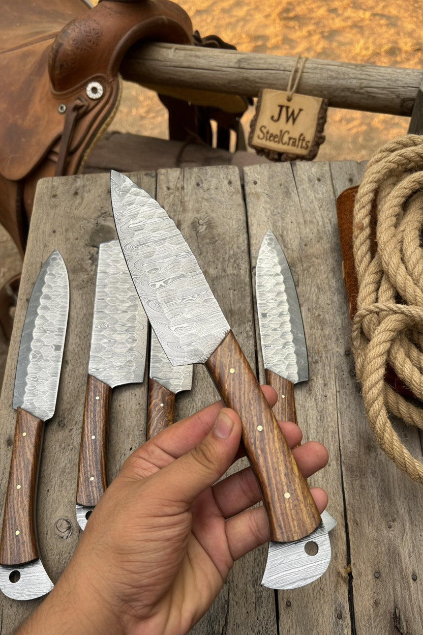 Hand Forged Damascus Chef Knife Set, Natural Wood Handle, Full Tang Kitchen Knife Collection detail view by JW SteelCrafts