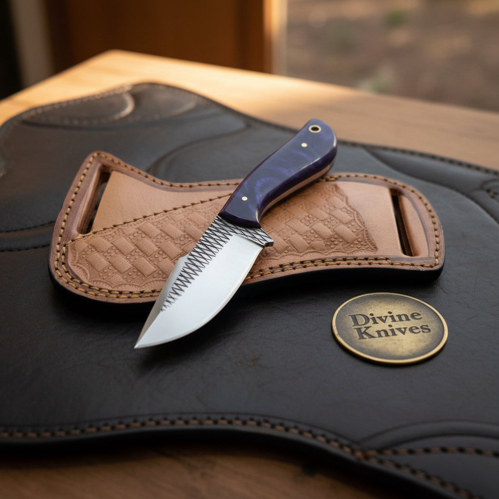 Purple Swirl Resin Rasp Cowboy Knife with product detail, view 3