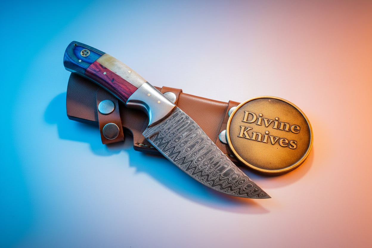 Damascus Texas Cowboy Hunter with Leather by Divine Knives