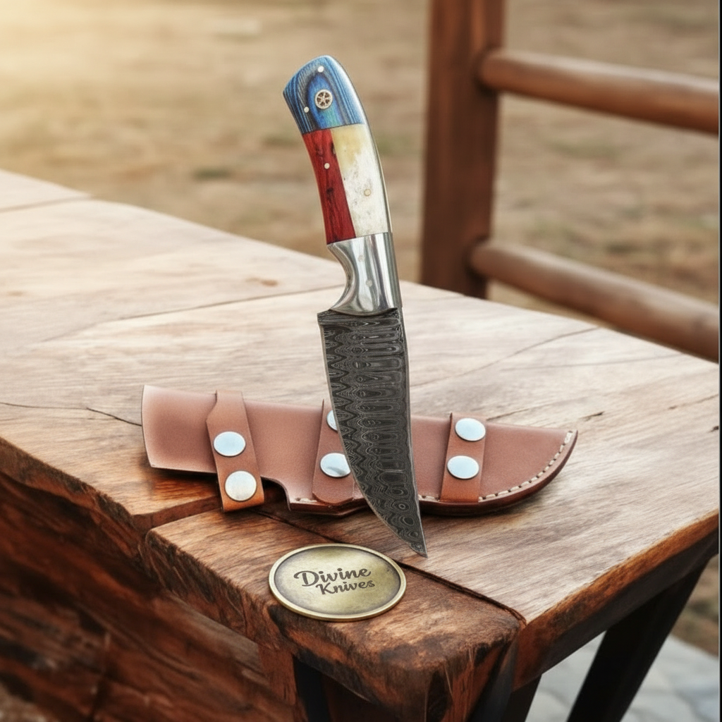 Damascus Texas Cowboy Hunter with Leather product detail, view 2