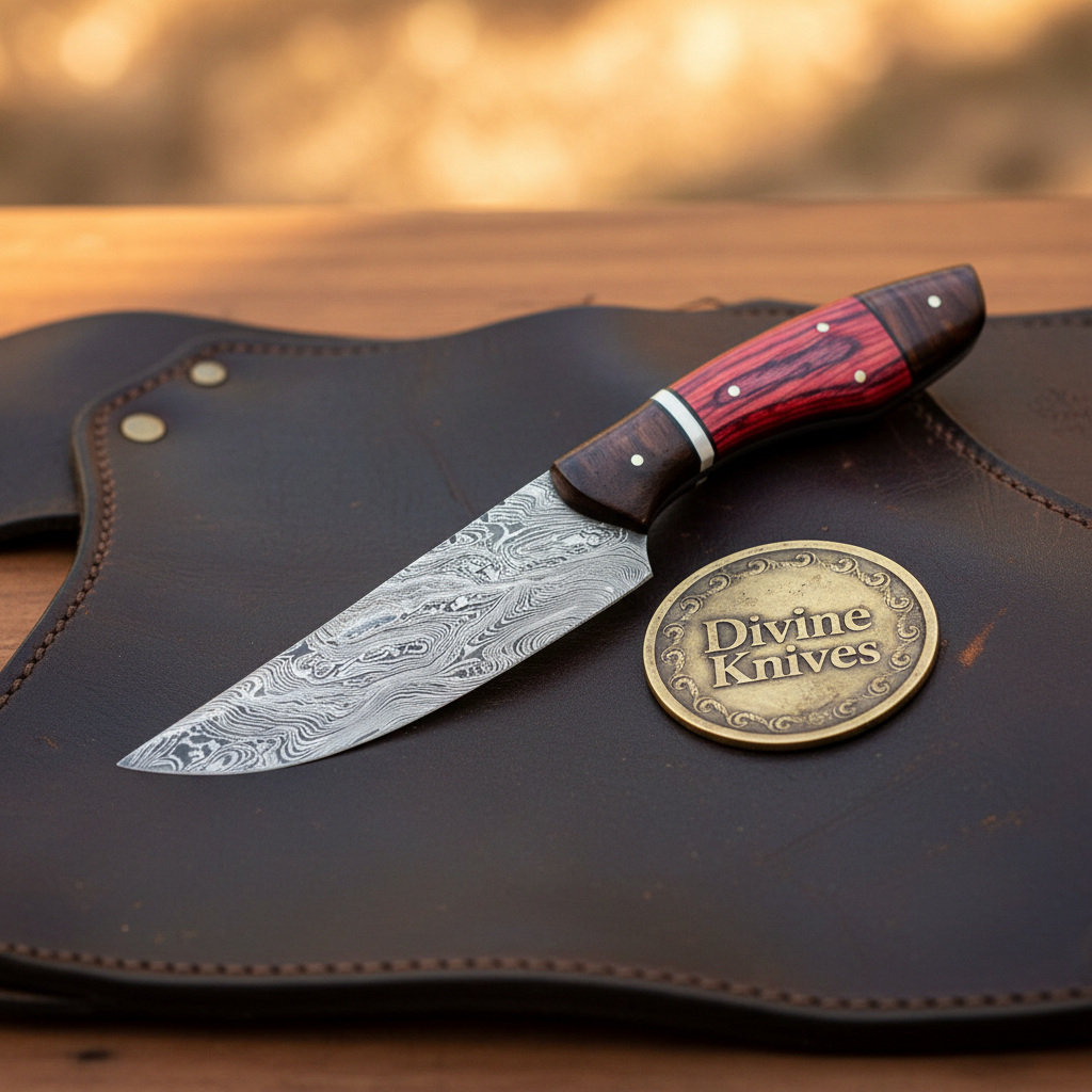 Red Pakkawood Damascus Drop Point Hunter by Divine Knives, product view 3