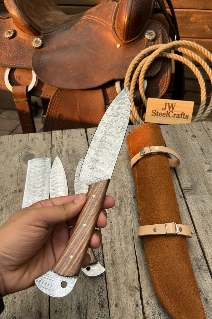 Hand Forged Damascus Chef Knife Set, Natural Wood Handle, Full Tang Kitchen Knife Collection detail view by JW SteelCrafts