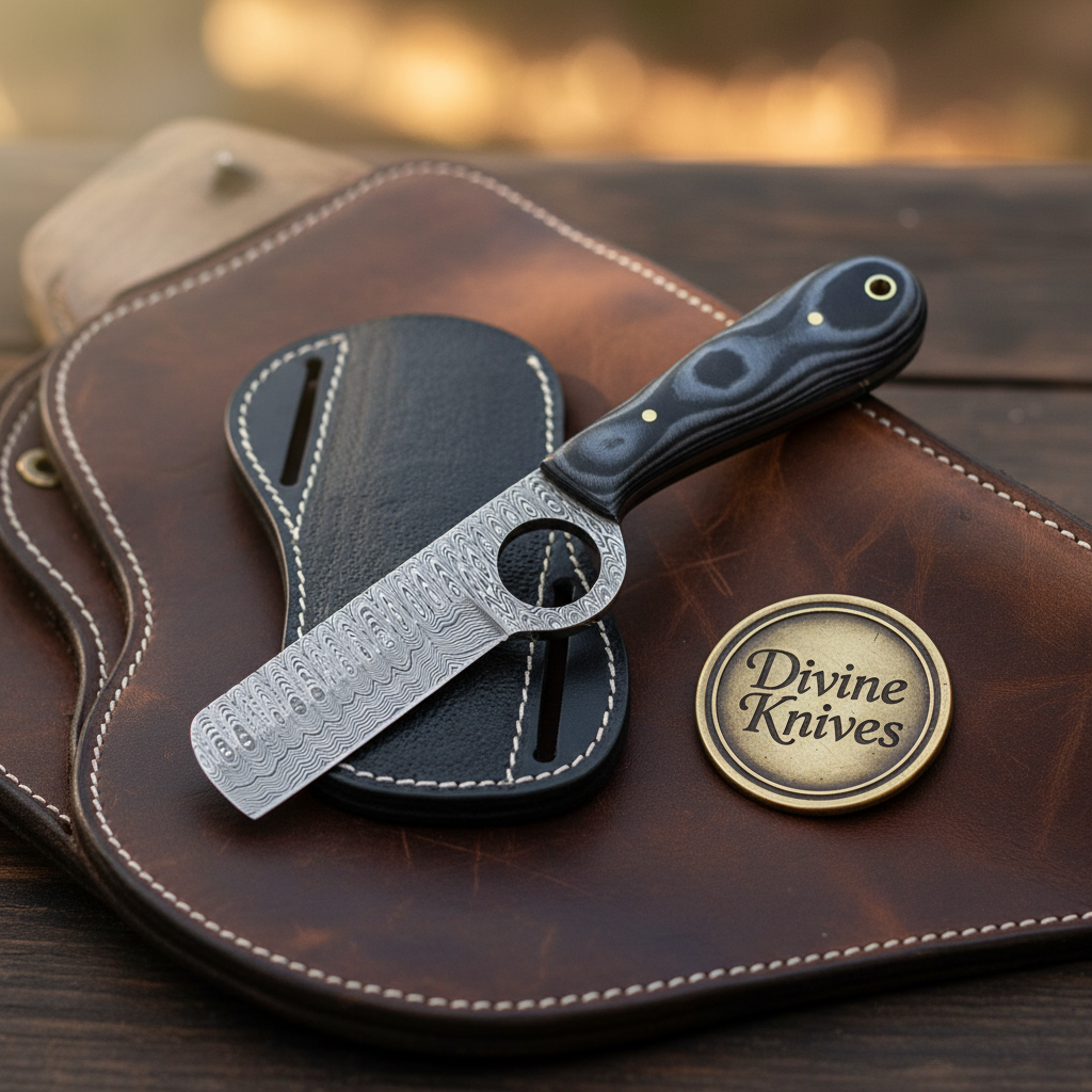 Black Micarta Cowboy Bull Cutter with Wood Grain Damascus Blade by Divine Knives