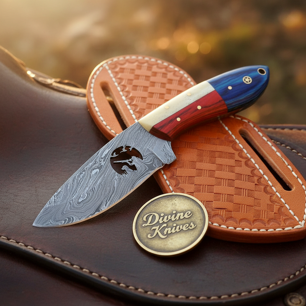 Duck Hunter Cutout Texas Flag Damascus Skinner by Divine Knives