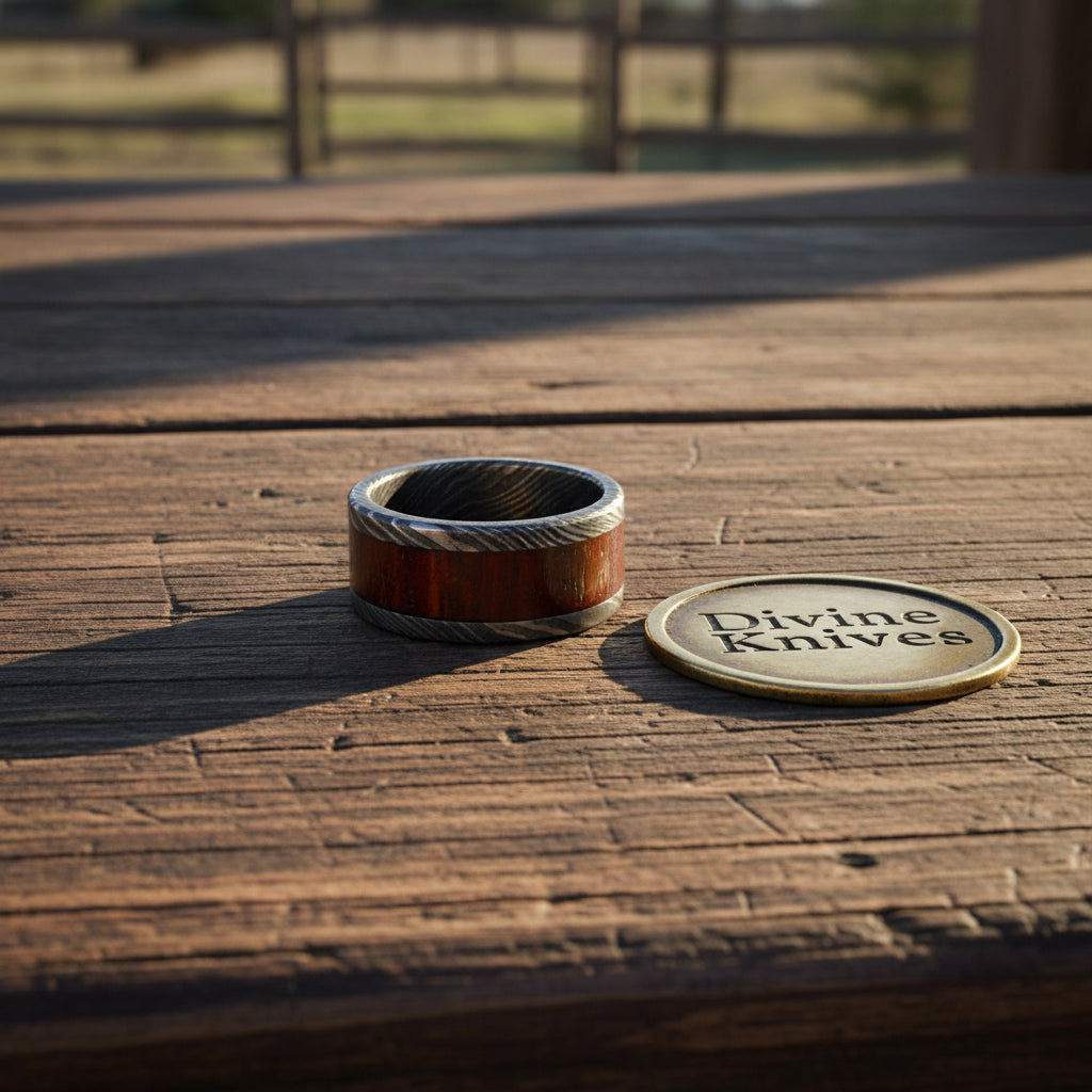 Wide Rosewood Inlay Damascus Wedding Band by Divine Knives