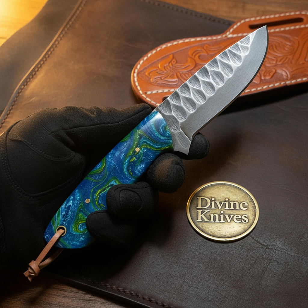 Blue-Green Marbled Damascus Skinner Knife by Divine Knives