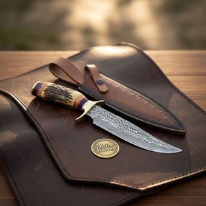Stag Horn Segmented Damascus Classic Bowie with Banded Handle