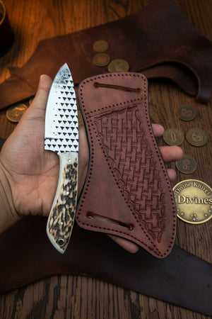 Stag Horn Rasp Skinner Knife with Included Tooled Sheath detail view by Divine Knives