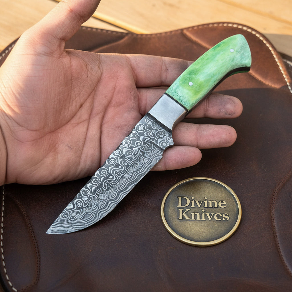 Green Damascus Drop Point Hunter with Mosaic Ricasso Pattern detail view by Divine Knives