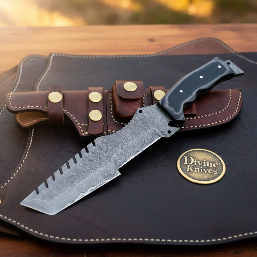 Finger Choil Damascus Survival Tanto Tracker with Black Micarta Handle