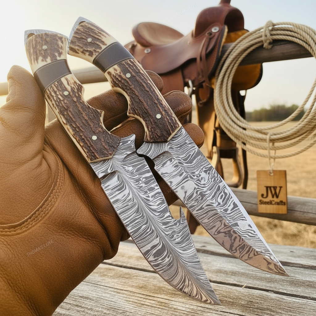 Rangeland Skinner Knife Duo 11" Handmade Damascus Set of 2