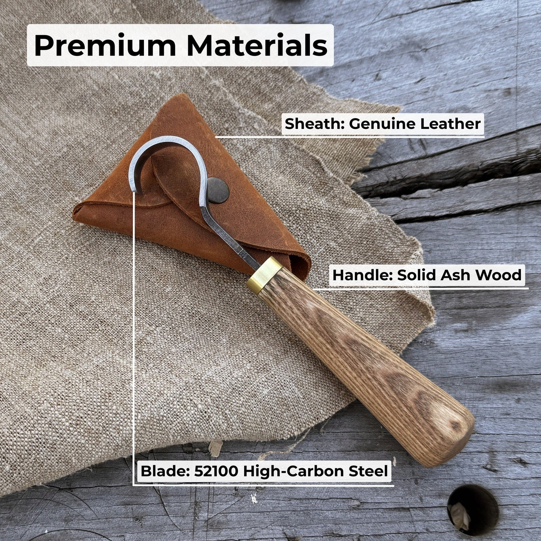 Spoon Carving Hook Knife, ⌀3 cm (1.2 inches) with Leather Case detail view by Sharky Forged Steel Tools