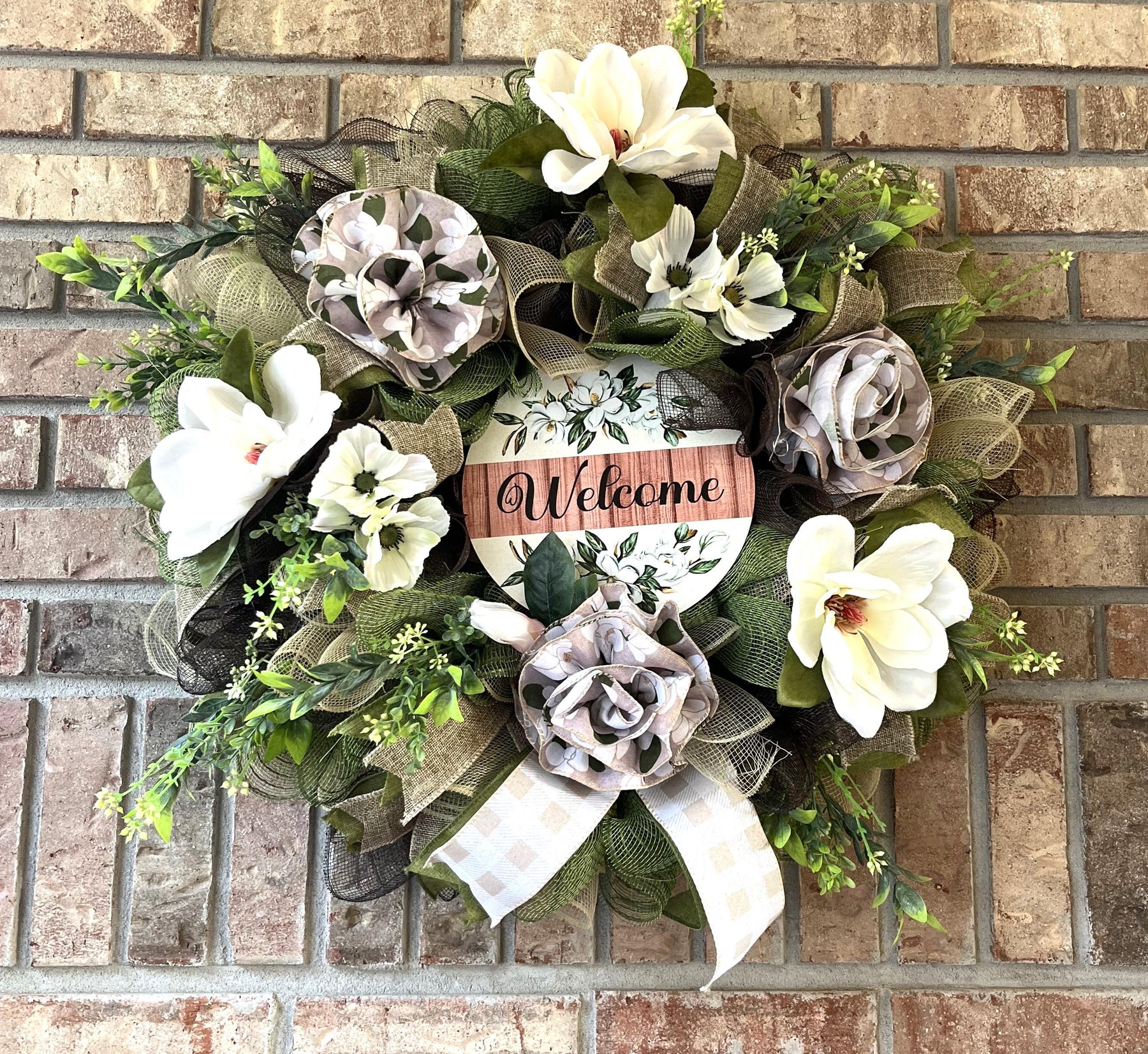 Farmhouse Welcome Wreath | Black & White Buffalo Plaid by Bouge Creations, view 4