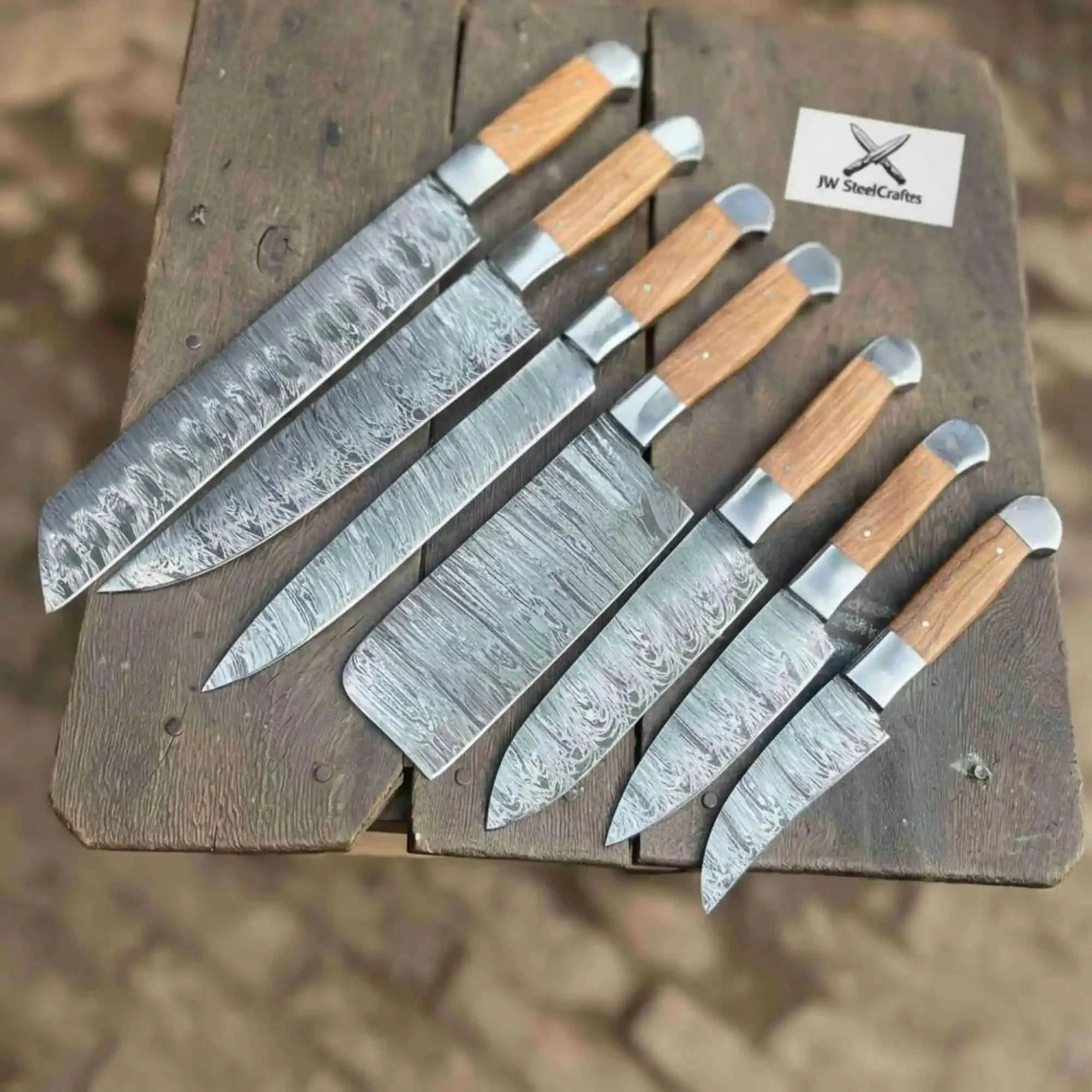 7-Piece Handmade Damascus Chef Knife Set with Wood Handles (Professional Kitchen Set) by JW SteelCrafts, Damascus knife main product photo