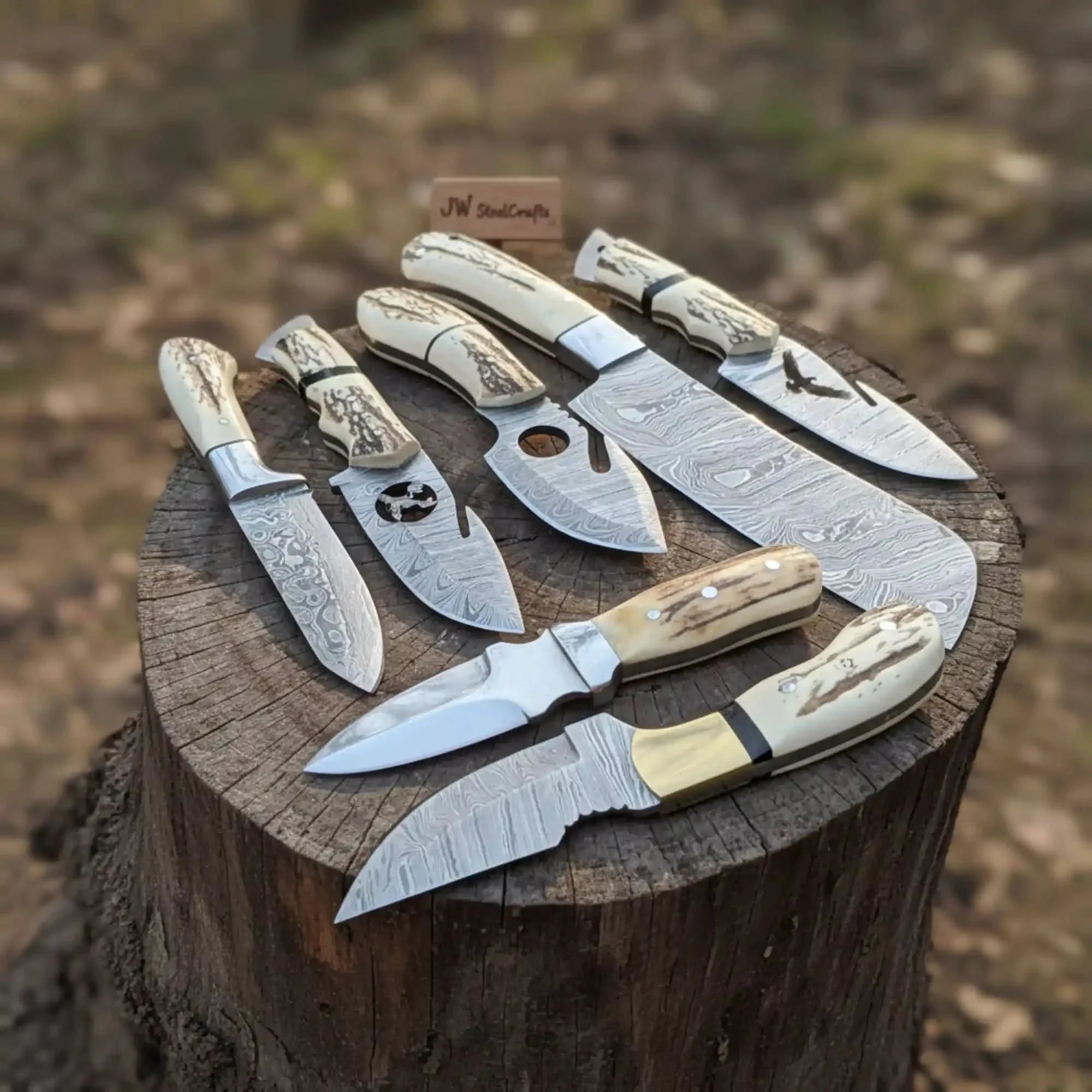 7 Piece Damascus Steel Knife Set with Synthetic Antler Handles by JW SteelCrafts, Damascus knife main product photo