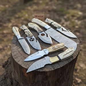 7 Piece Damascus Steel Knife Set with Synthetic Antler Handles by JW SteelCrafts, Damascus knife main product photo