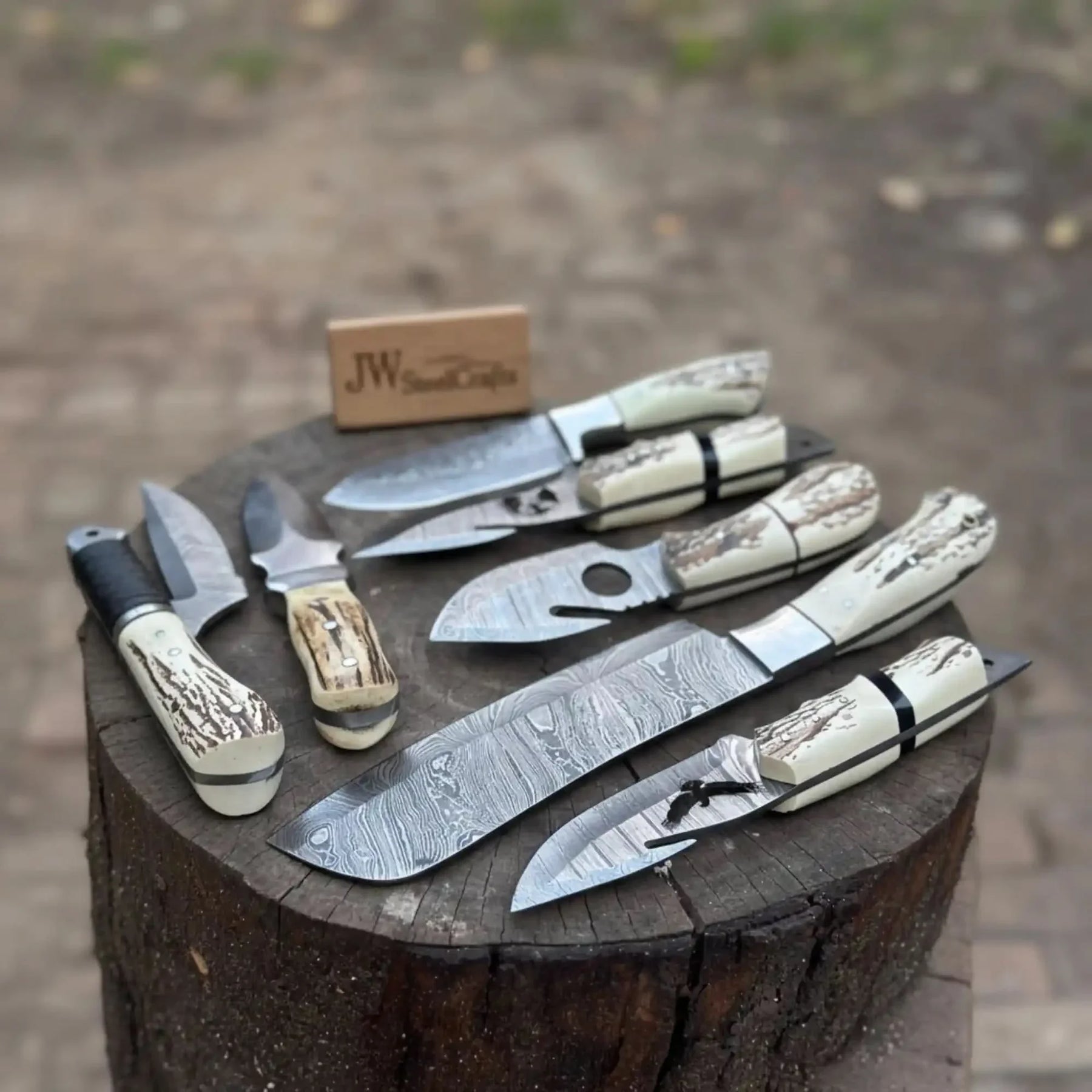 7 Piece Damascus Steel Knife Set with Synthetic Antler Handles by JW SteelCrafts, Damascus knife detail photo 2