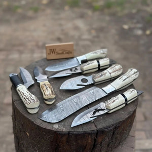7 Piece Damascus Steel Knife Set with Synthetic Antler Handles by JW SteelCrafts, Damascus knife detail photo 2