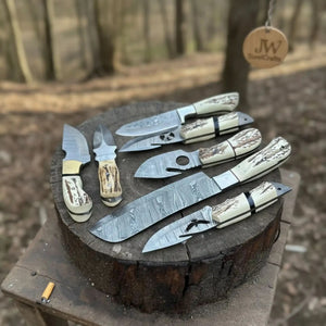 7 Piece Damascus Steel Knife Set with Synthetic Antler Handles by JW SteelCrafts, Damascus knife detail photo 4