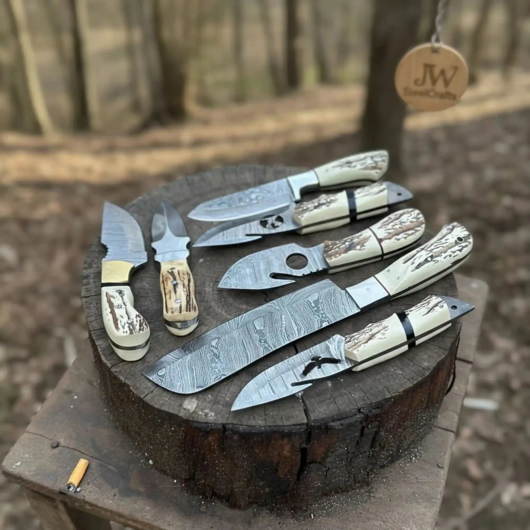 7 Piece Damascus Steel Knife Set with Synthetic Antler Handles by JW SteelCrafts, Damascus knife detail photo 6