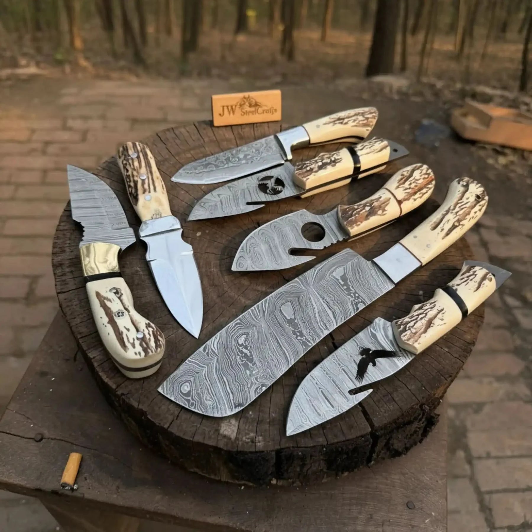 7 Piece Damascus Steel Knife Set with Synthetic Antler Handles by JW SteelCrafts, Damascus knife detail photo 3