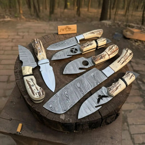 7 Piece Damascus Steel Knife Set with Synthetic Antler Handles by JW SteelCrafts, Damascus knife detail photo 3