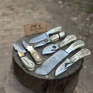 7 Piece Damascus Steel Knife Set with Synthetic Antler Handles by JW SteelCrafts, Damascus knife detail photo 5