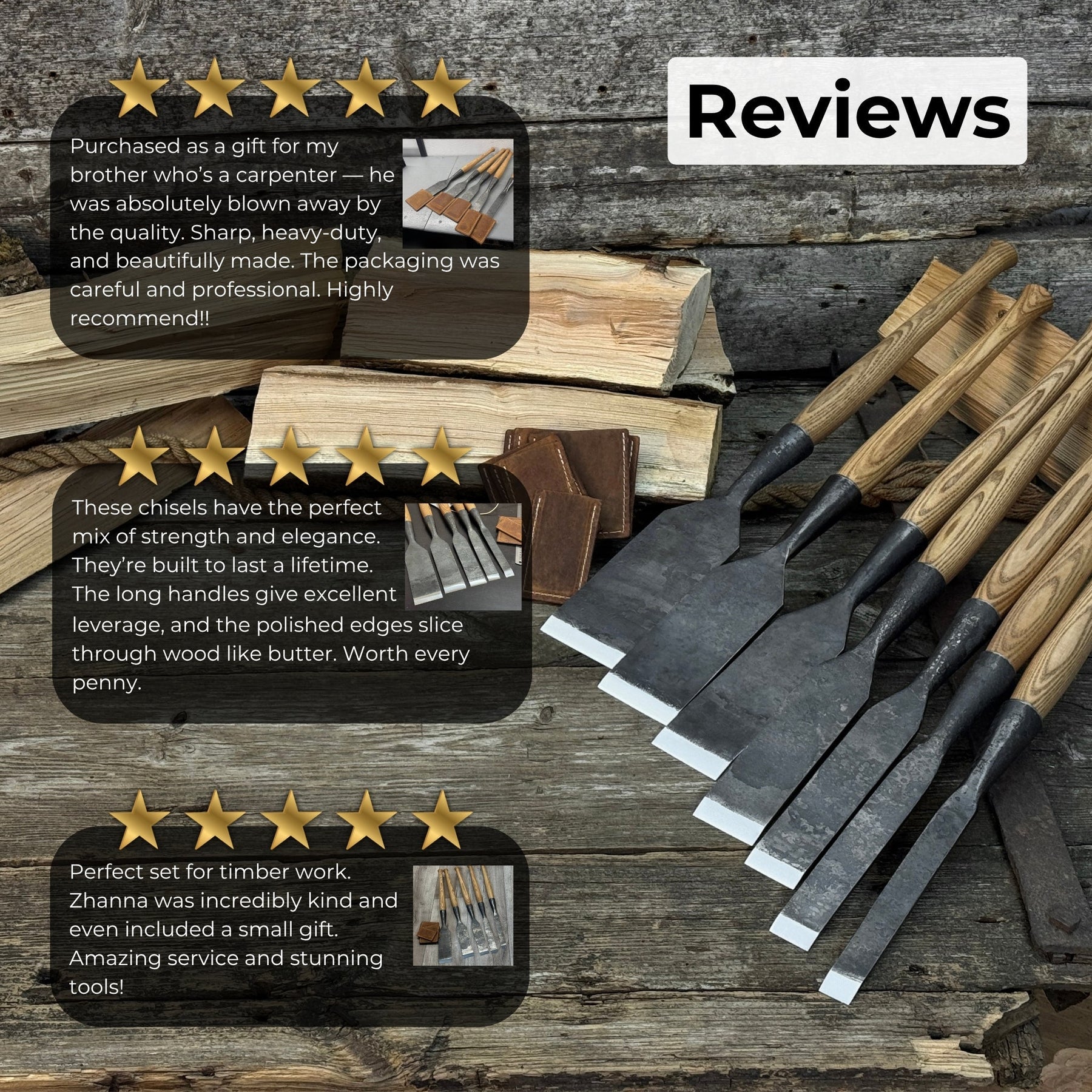 7-Piece Long Timber Framing Chisel Set detail view by Sharky Forged Steel Tools