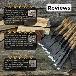 7-Piece Long Timber Framing Chisel Set detail view by Sharky Forged Steel Tools