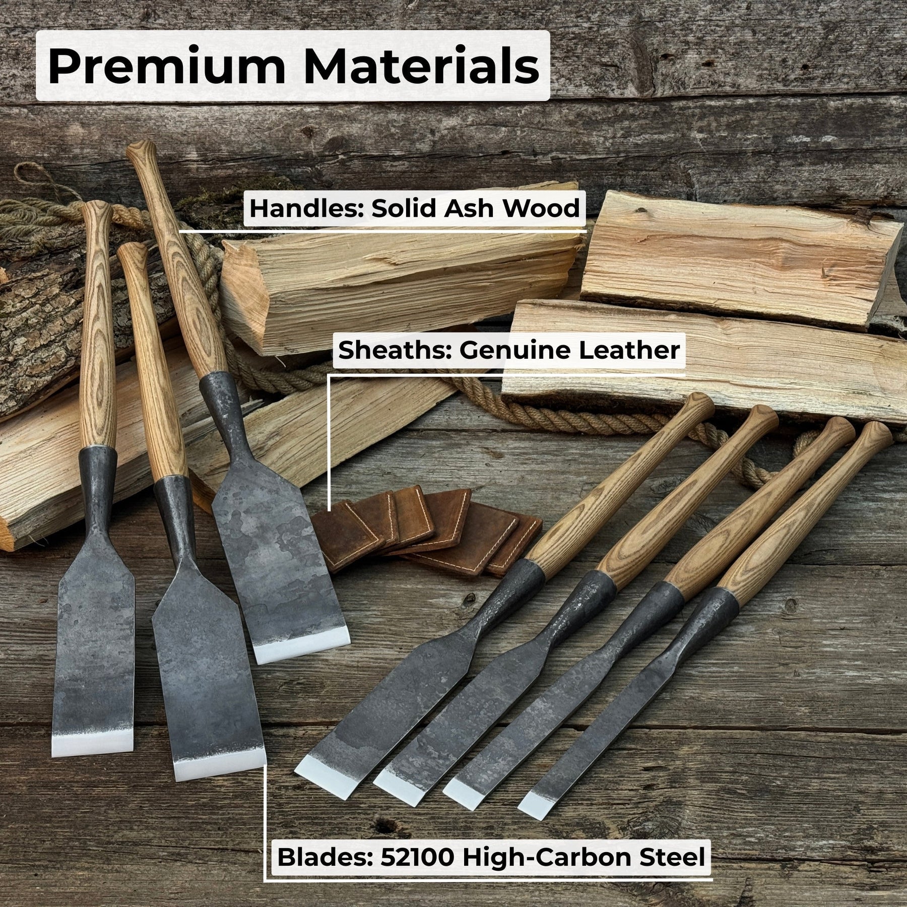 7-Piece Long Timber Framing Chisel Set detail view by Sharky Forged Steel Tools