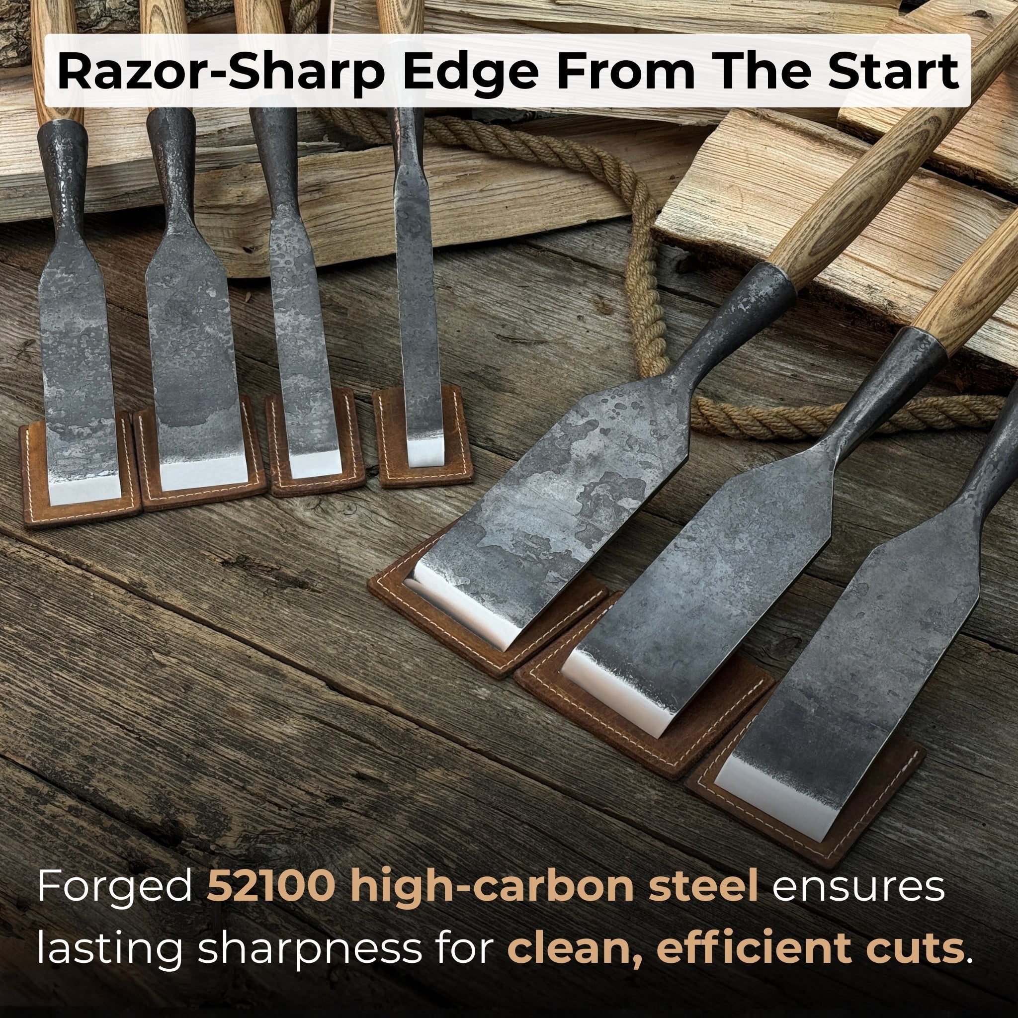 7-Piece Long Timber Framing Chisel Set detail view by Sharky Forged Steel Tools