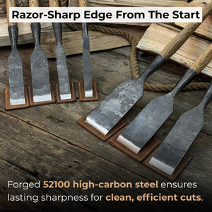 7-Piece Long Timber Framing Chisel Set detail view by Sharky Forged Steel Tools