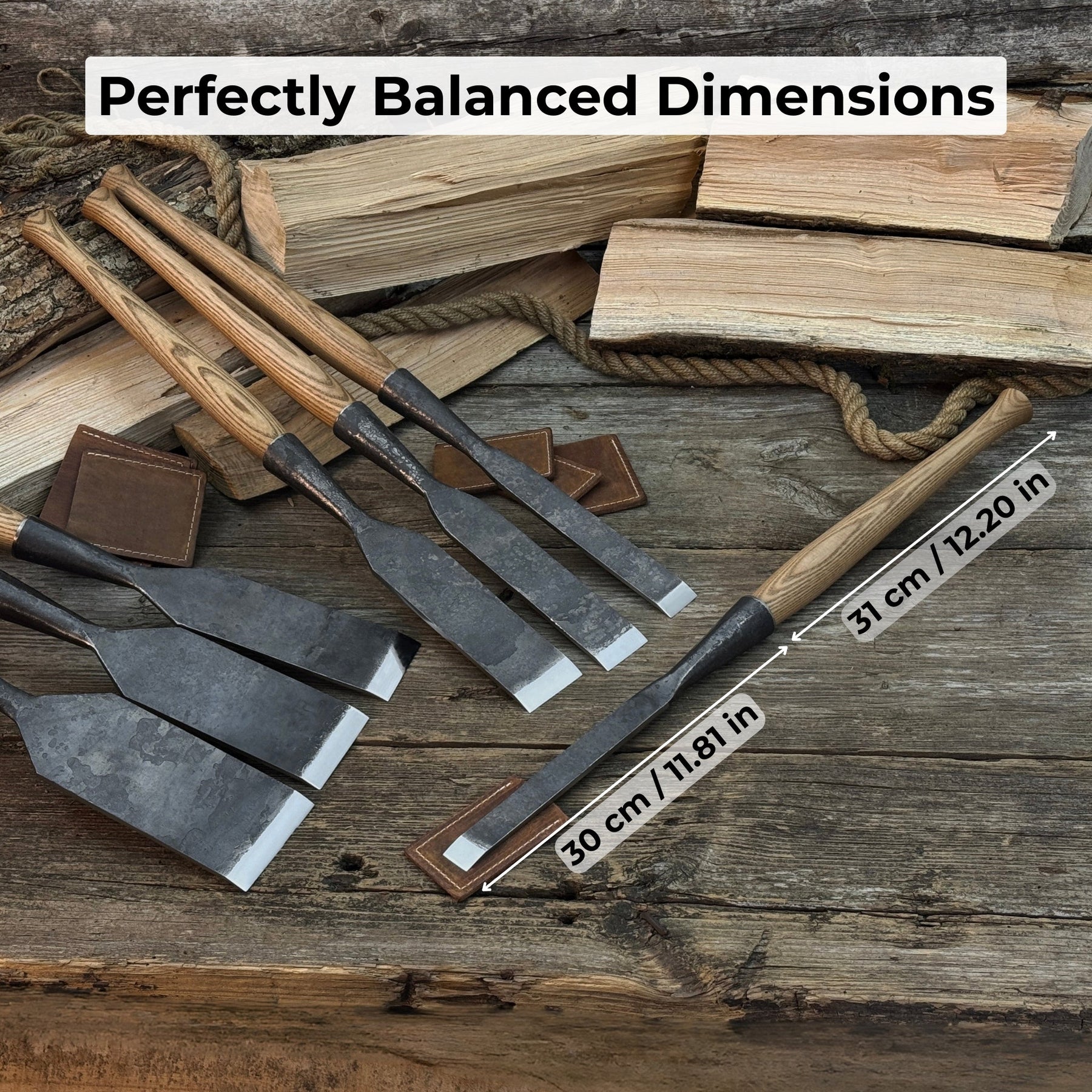 7-Piece Long Timber Framing Chisel Set detail view by Sharky Forged Steel Tools