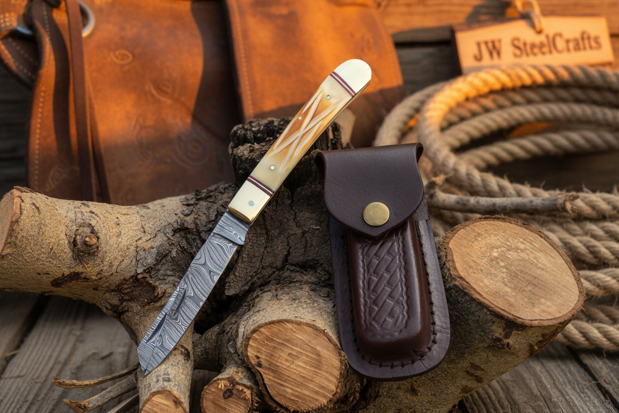 Timberline Folding Trapper Knife 8" Handmade Bone Handle Slipjoint EDC Pocket Knife detail view by JW SteelCrafts
