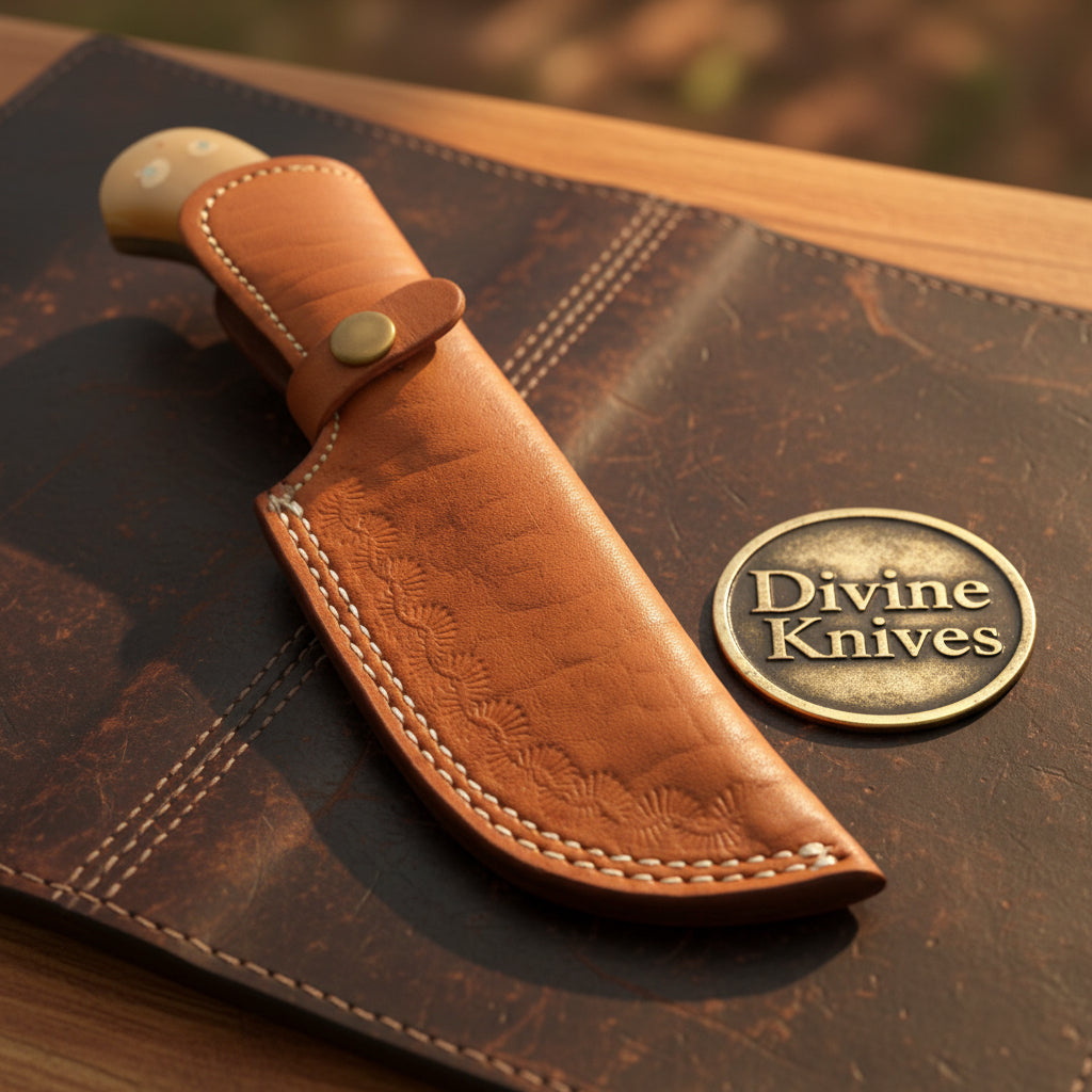 Squared Tip Tracker Knife with Ram Horn Handle and Long Sawback Blade for Camp Use