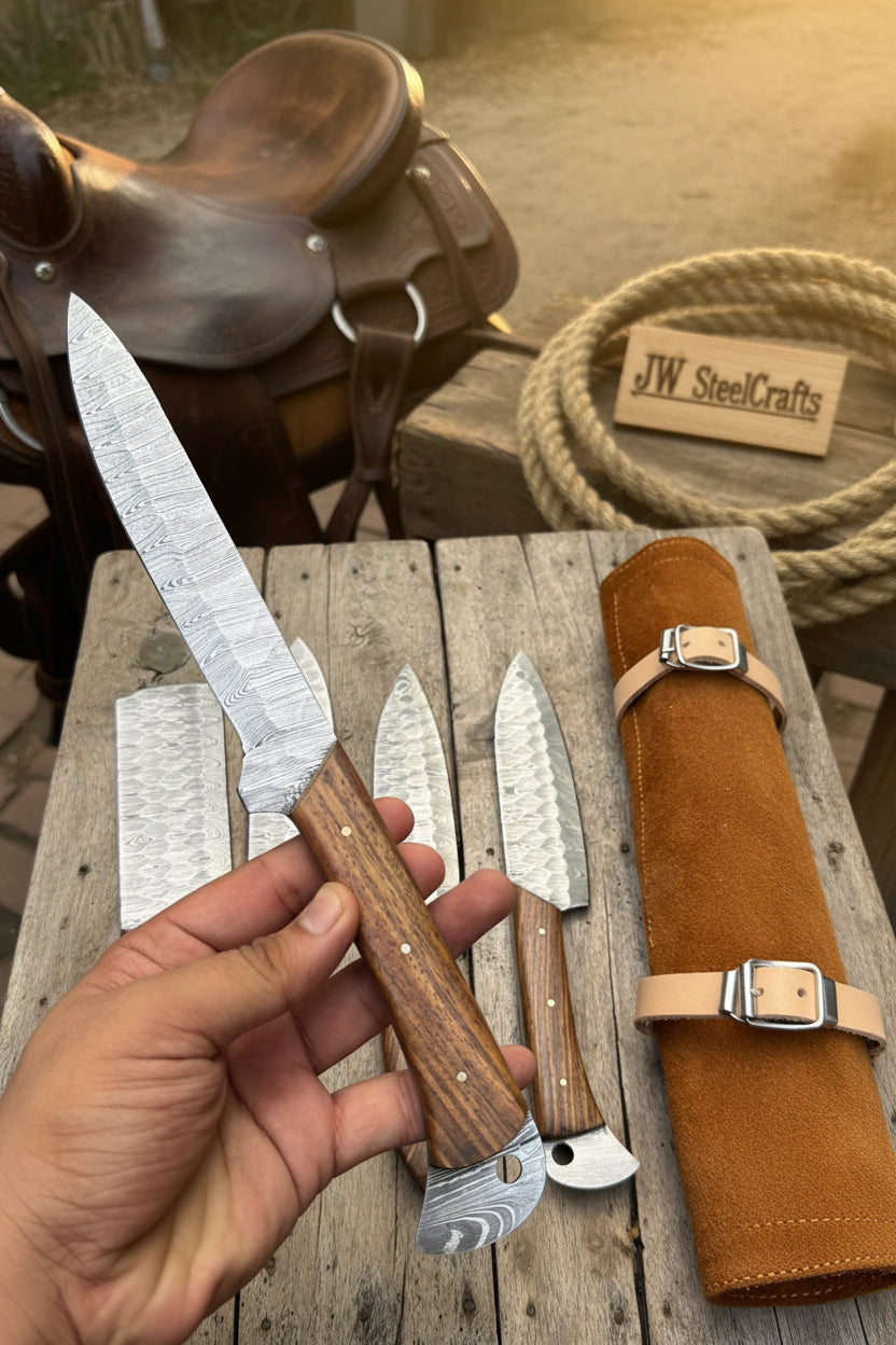 Hand Forged Damascus Chef Knife Set, Natural Wood Handle, Full Tang Kitchen Knife Collection detail view by JW SteelCrafts